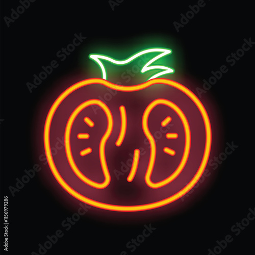 Neon sign depicting a tomato slice, illuminated against a dark backdrop, capturing the vibrant essence of fresh produce
