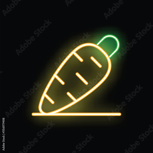 Bright yellow and green neon sign of a carrot on a black background photo