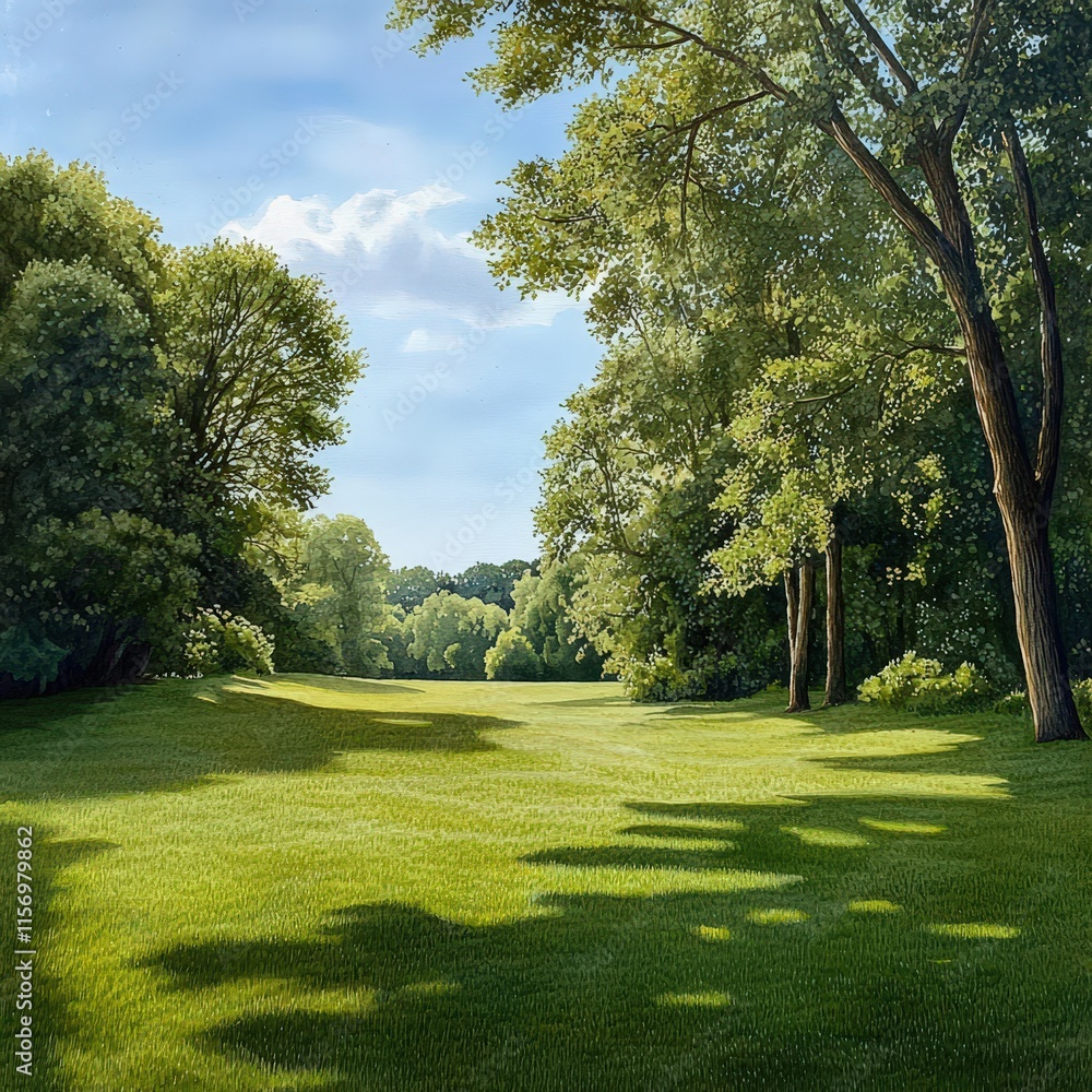 Fototapeta premium A forest clearing with soft grass and tall trees casting long shadows