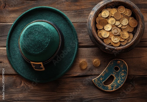 Green Felt Hat, Pot of Gold Coins, and Decorative Mask on Wooden Table Background for Celebratory Themes, St. Patrick's Day Festivities or Treasure Hunt Concepts photo