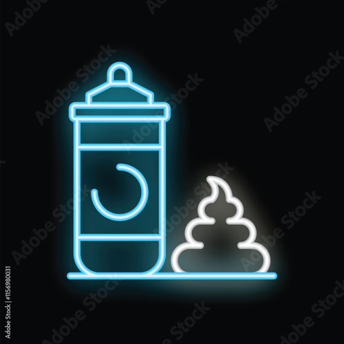 Glowing neon air freshener getting rid of poop odor with recycling sign on black background