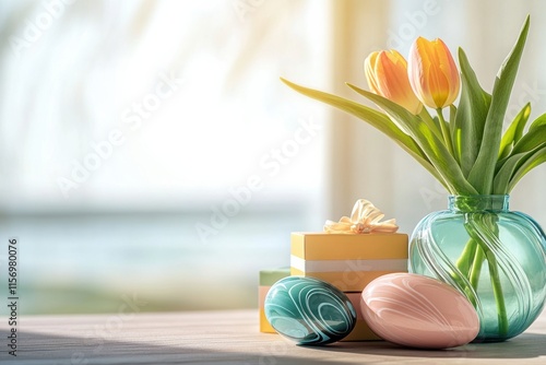 A Vibrant Easter Scene is beautifully depicted with an array of tulips and an assortment of colorful eggs, capturing the essence of this joyful holiday and all its cultural significances photo