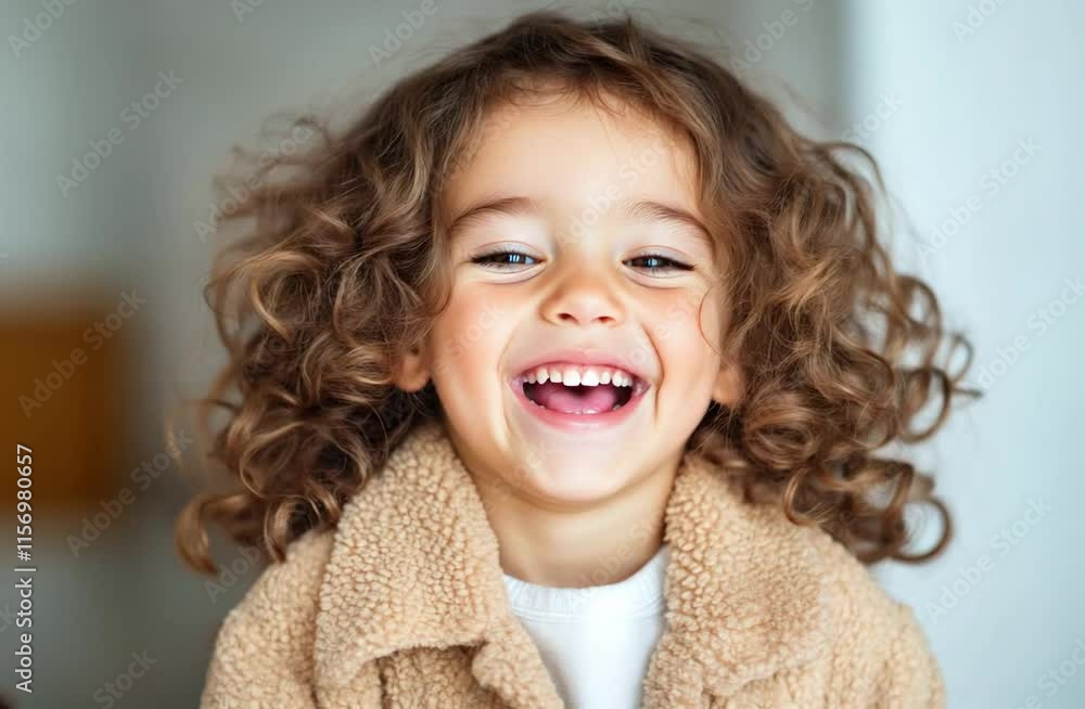 Smiling little girl with curly hair, cheerful and playful expression indoors Smiling little girl with curly hair, cheerful and playful expression indoors