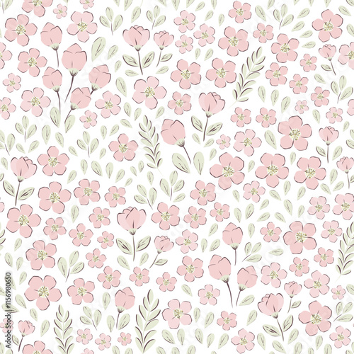 Vector illustration. Seamless pattern of pastel tiny pink flowers on a light background. Delicate floral pattern, field of small  flowers, print for fabric, textile, wallpaper, baby clothes,