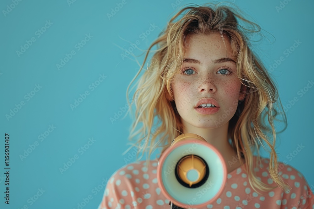 Young girl with loudspeaker in studio space portrait photography fun environment bright background engaging concept Young girl with loudspeaker in studio space portrait photography fun environment bright background engaging concept