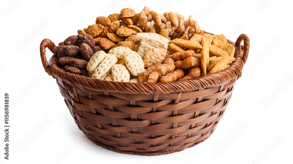 Basket filled with assorted cookies and snacks on white isolate background. Basket filled with assorted cookies and snacks on white isolate background.