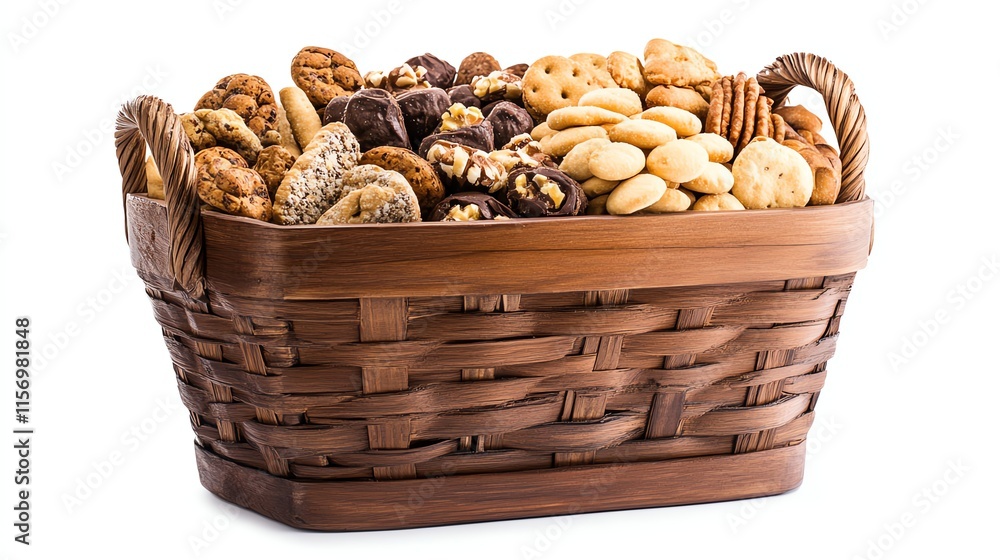 A wicker basket filled with assorted delicious cookies on a white background. A wicker basket filled with assorted delicious cookies on a white background.