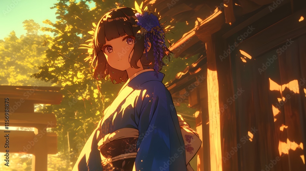 Obraz premium Anime girl in traditional attire against sunset, serene and cultural beauty
