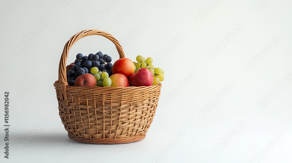 Basket filled with fresh fruits, including apples and grapes, white isolate background Basket filled with fresh fruits, including apples and grapes, white isolate background