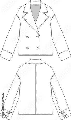 collared double breasted buttoned drop shoulder long sleeve short jacket coat trenchcoat template technical drawing flat sketch cad mockup fashion woman design style model 
