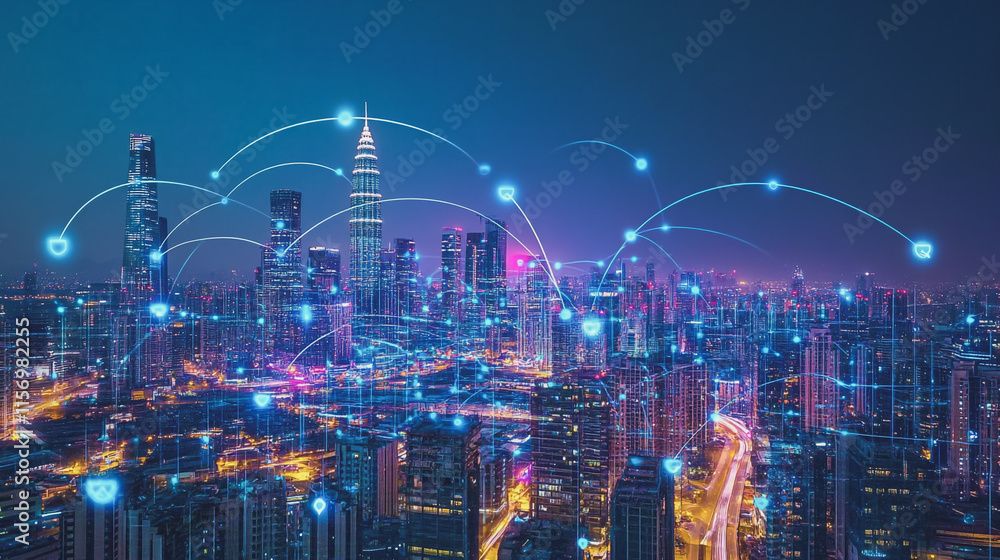 Fototapeta premium Smart digital Innovation city with connection network reciprocity over the cityscape. of future smart wireless digital city and social media networking systems that connects people with in city