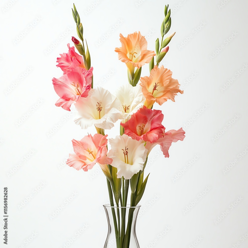 Vibrant mixed gladiolus flowers in a clear vase, white isolate background. Vibrant mixed gladiolus flowers in a clear vase, white isolate background.