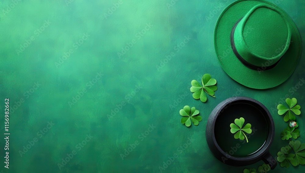 Green Hat and Cup with Clover Leaves on a Vibrant Green Background for St. Patrick's Day Celebration and Festive Decorations