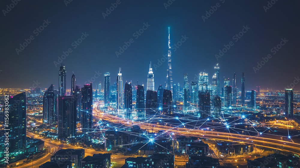 Fototapeta premium Smart digital Innovation city with connection network reciprocity over the cityscape. of future smart wireless digital city and social media networking systems that connects people with in city