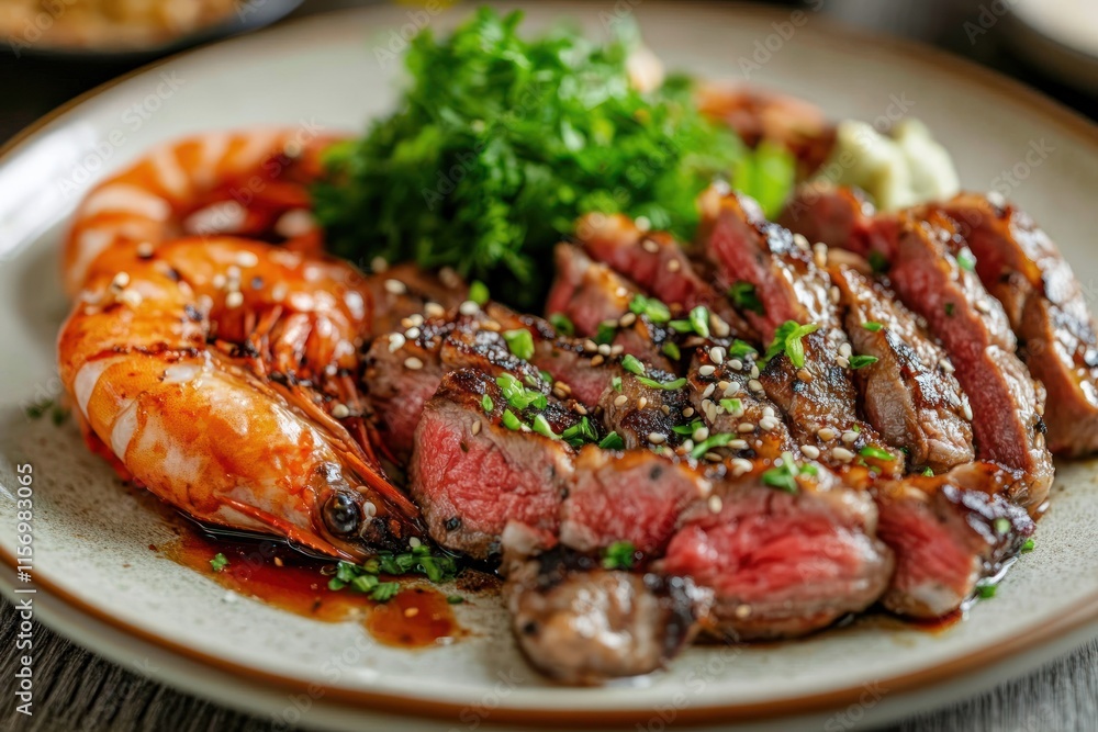 Grilled steak and shrimp with greens and sesame seeds on a plate. Grilled steak and shrimp with greens and sesame seeds on a plate.