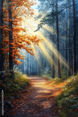 A forest path illuminated by golden rays of sunlight through the trees photo