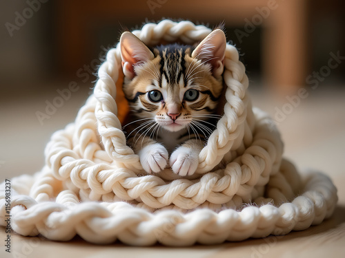 The Little Kitten Wraps Itself In A Soft, Knitted Blanket, Creating A Cozy Bundle On The Floor. 00003 photo