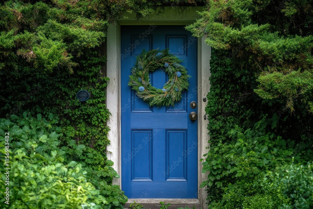 Blue door with evergreen wreath nestled in lush greenery. Blue door with evergreen wreath nestled in lush greenery.