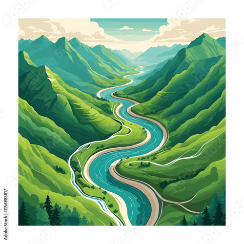 Mountain River Vector Illustration: Capturing Nature's Serenity in Art