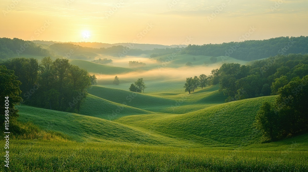Fototapeta premium Serene Sunrise over Rolling Green Hills