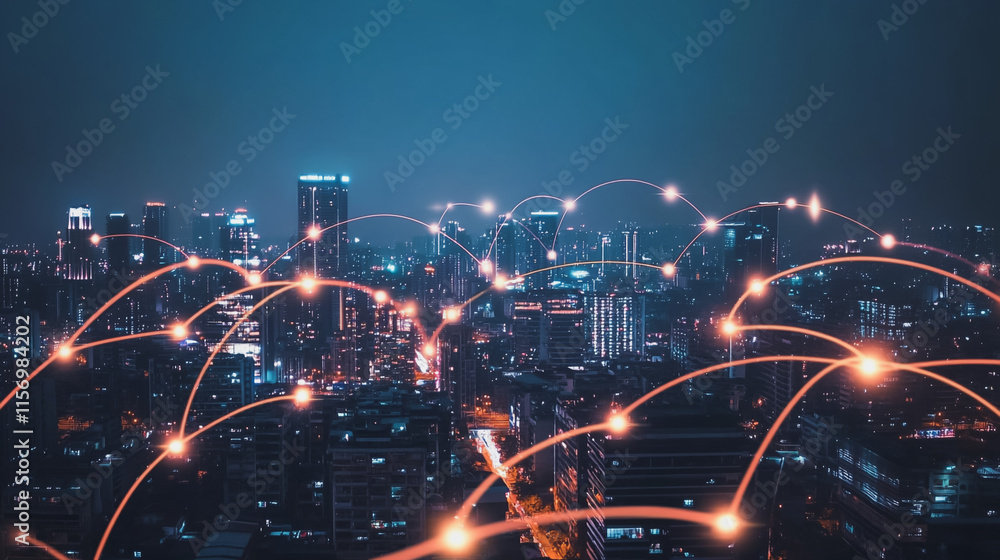 Fototapeta premium Smart digital Innovation city with connection network reciprocity over the cityscape. of future smart wireless digital city and social media networking systems that connects people with in city
