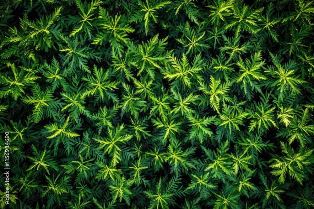 Aerial view of vibrant green foliage, densely packed plants with yellow highlights, creating a lush textured background.