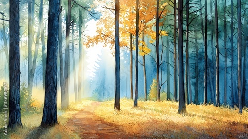 A forest trail dappled with sunlight filtering through tall trees