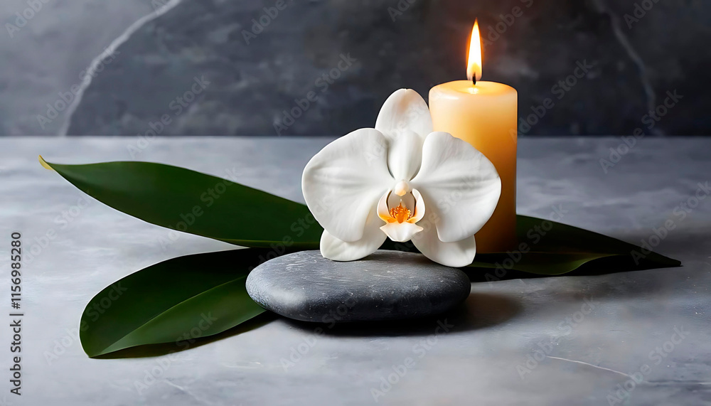 Spa still life with white orchid, candle, stone, and green leaves, alternative medicine
Spa still life with white orchid, candle, stone, and green leaves, alternative medicine