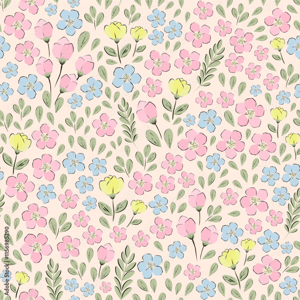 Vector illustration. Seamless pattern of pastel tiny pink, blue, yellow flowers on a light background. Delicate floral pattern, field of small flowers, print for fabric, textile, wallpaper, baby Vector illustration. Seamless pattern of pastel tiny pink, blue, yellow flowers on a light background. Delicate floral pattern, field of small flowers, print for fabric, textile, wallpaper, baby