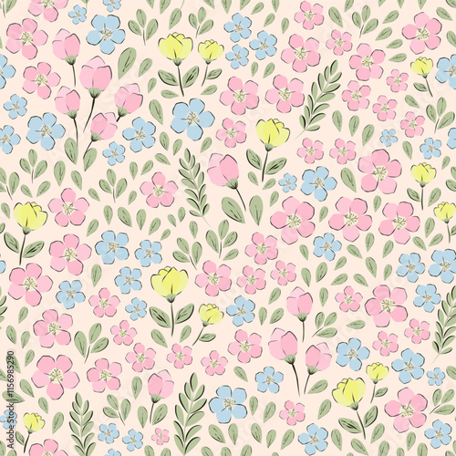Vector illustration. Seamless pattern of pastel tiny pink, blue, yellow flowers on a light background. Delicate floral pattern, field of small  flowers, print for fabric, textile, wallpaper, baby 