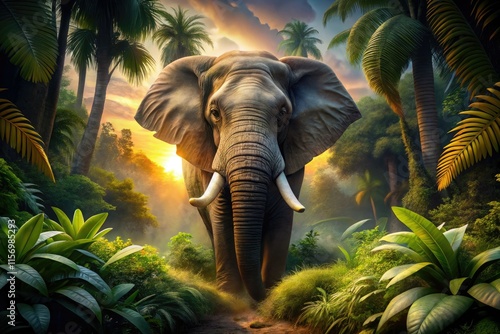 Fototapeta Naklejka Na Ścianę i Meble -  Majestic elephant silhouetted against a fiery sunset, a breathtaking jungle portrait.