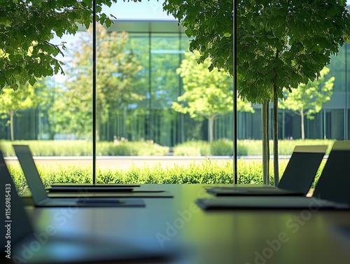 A modern office with a large window showcasing a lush green garden, providing a tranquil and inspiring workspace. The room is equipped with several laptops. photo