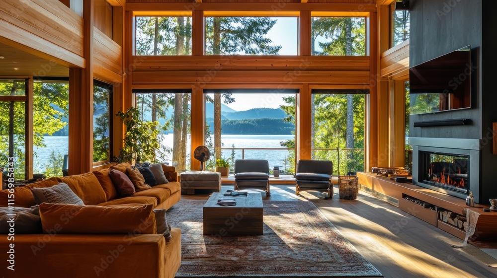 Sunlit living room with lake view, wooden beams, fireplace, and comfortable furniture. Sunlit living room with lake view, wooden beams, fireplace, and comfortable furniture.