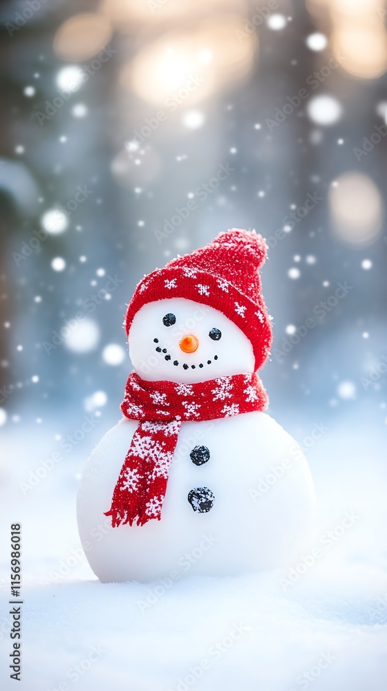Snowman wearing red hat in falling snow. Snowman wearing red hat in falling snow.