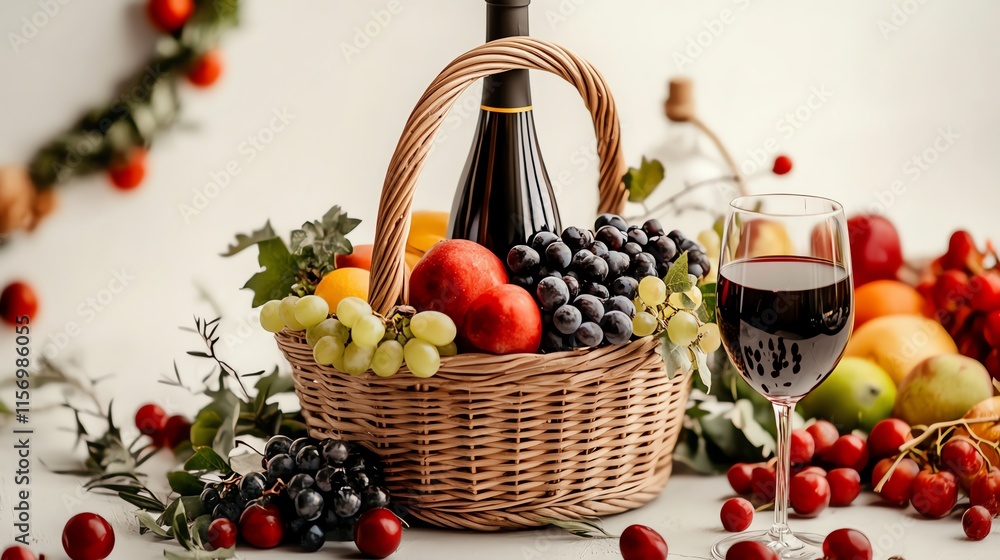 A wicker basket filled with colorful fruits and a bottle of wine on a white background. A wicker basket filled with colorful fruits and a bottle of wine on a white background.