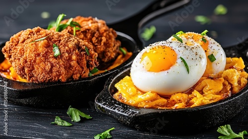 Chicken and Duck Egg Concept, Rustic Side by Side Fried Chicken and Duck Eggs in Cast Iron Skillets on Dark Wooden Background photo