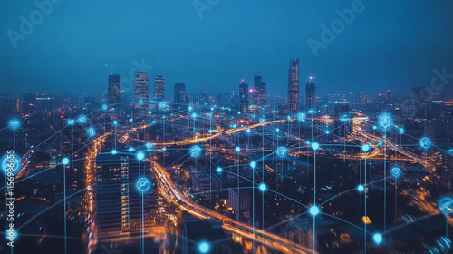 Wallpaper Mural Smart digital Innovation city with connection network reciprocity over the cityscape. of future smart wireless digital city and social media networking systems that connects people with in city Torontodigital.ca