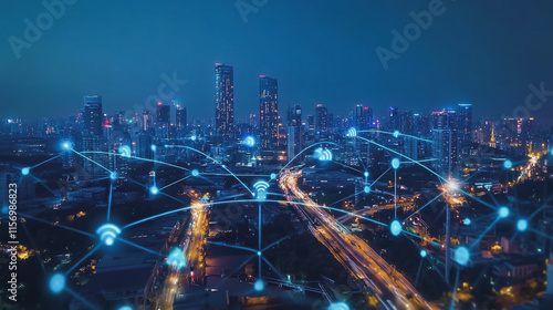 Wallpaper Mural Smart digital Innovation city with connection network reciprocity over the cityscape. of future smart wireless digital city and social media networking systems that connects people with in city Torontodigital.ca