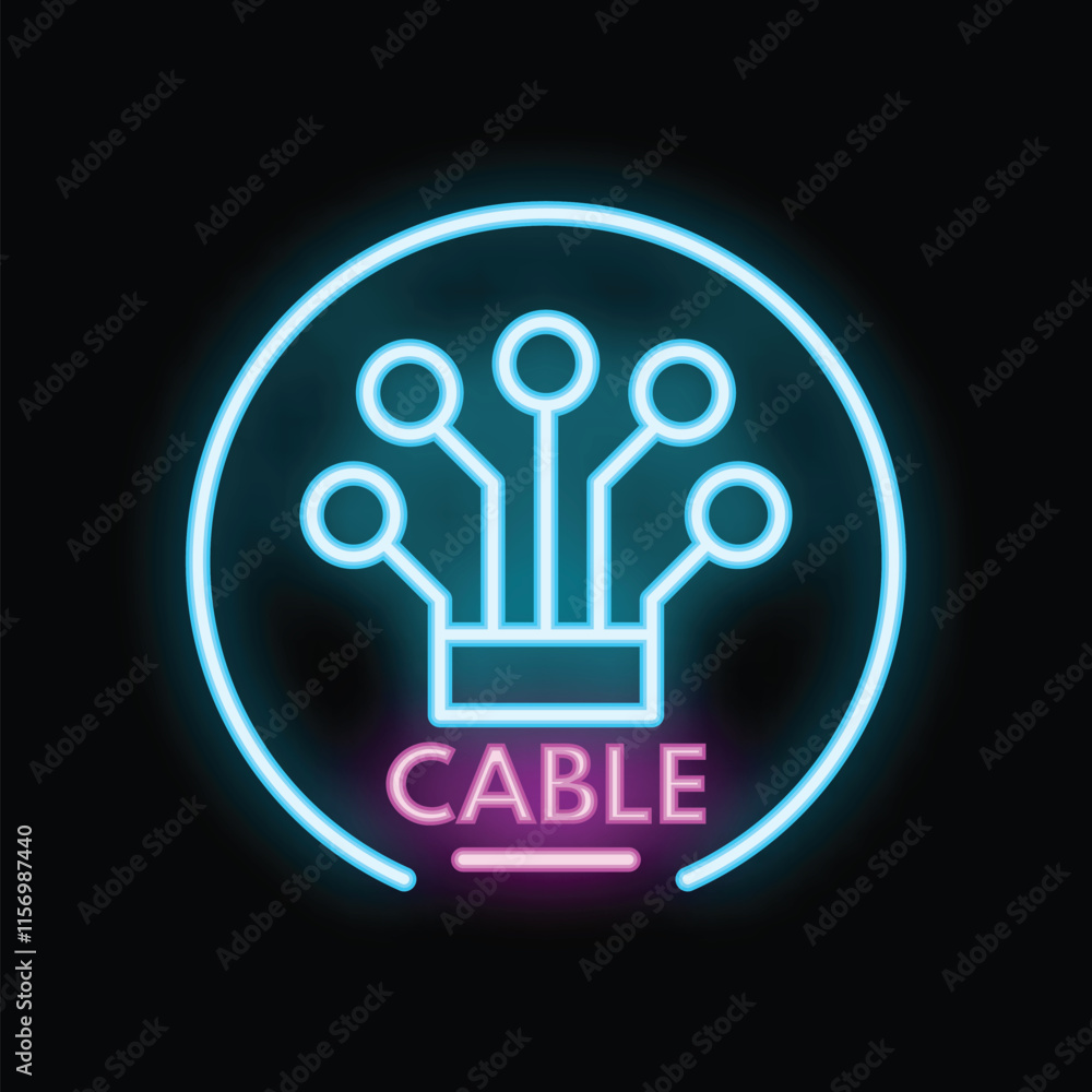 Neon sign of a cable in a round frame glowing on a dark background Neon sign of a cable in a round frame glowing on a dark background