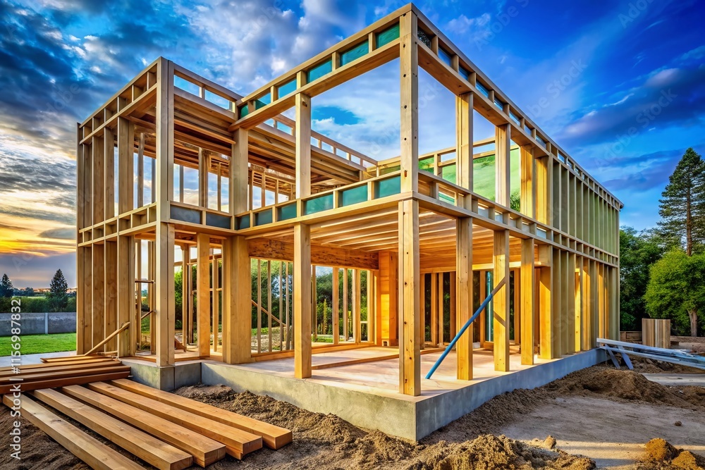 Obraz premium Modern House Construction: Architectural Plans in Action - Rule of Thirds Composition