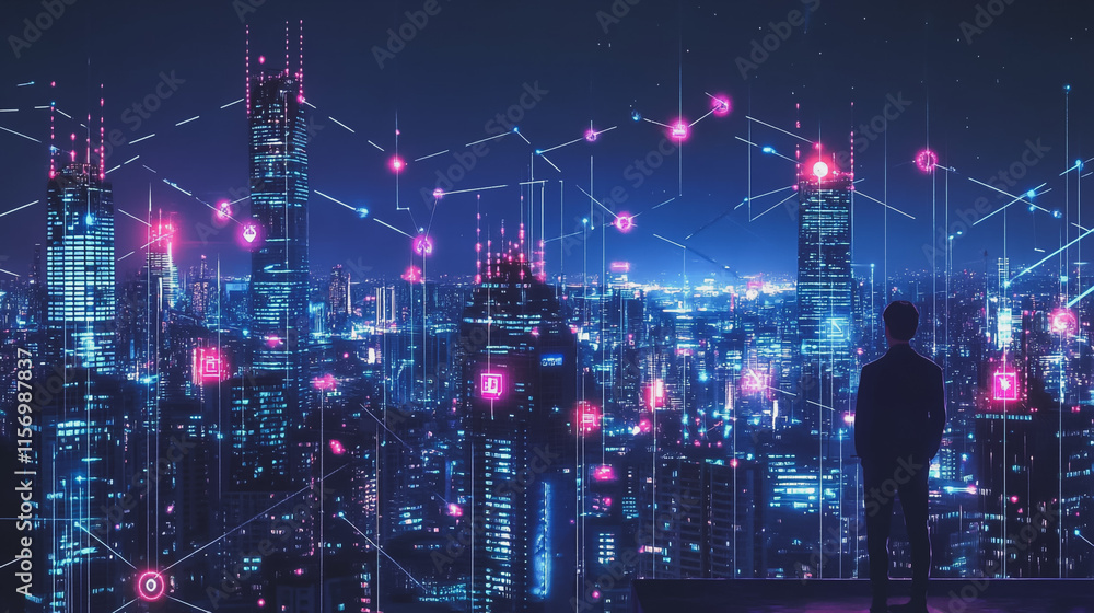 Fototapeta premium Smart digital Innovation city with connection network reciprocity over the cityscape. of future smart wireless digital city and social media networking systems that connects people with in city