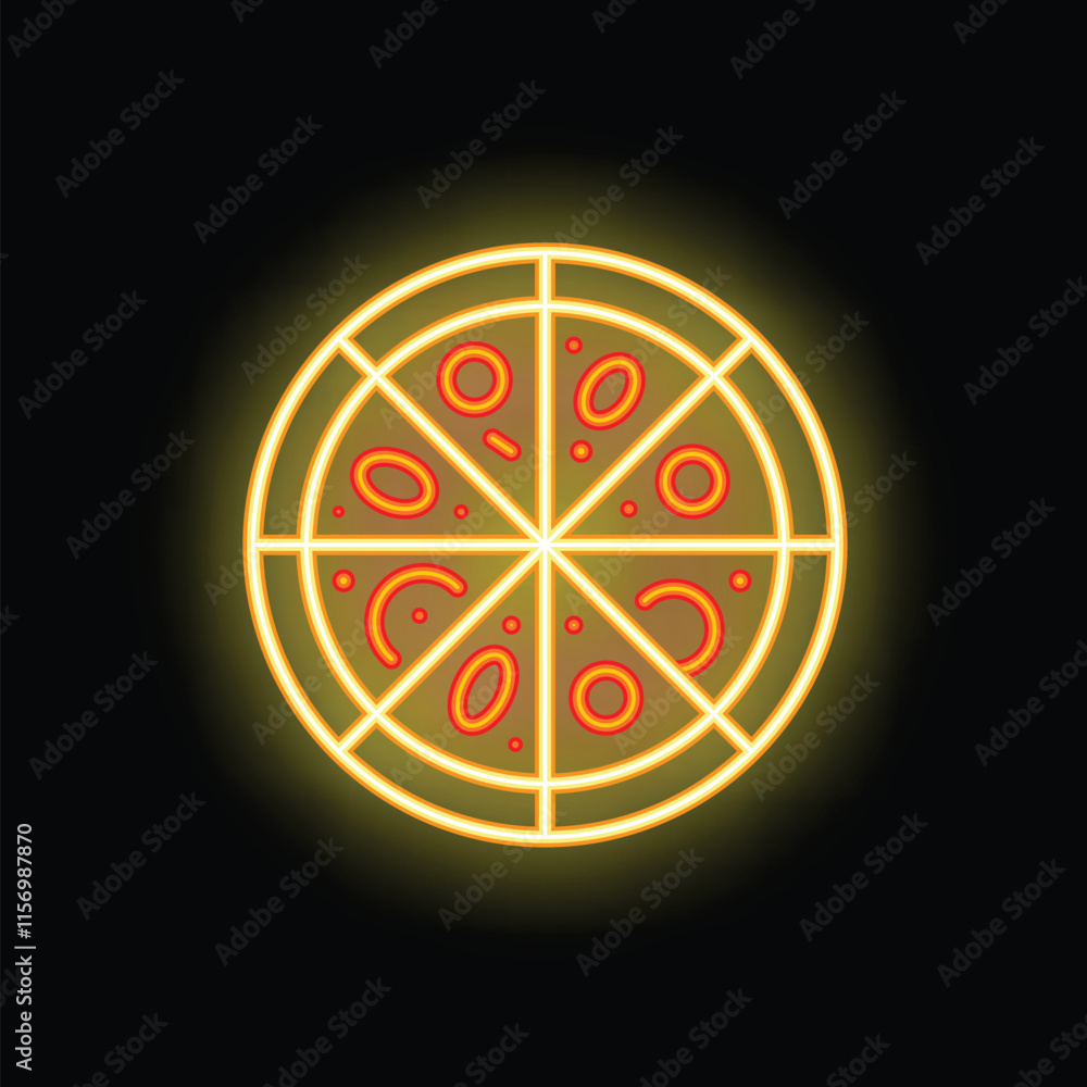 Bright, glowing neon sign showing a delicious pizza with salami slices on a black background Bright, glowing neon sign showing a delicious pizza with salami slices on a black background