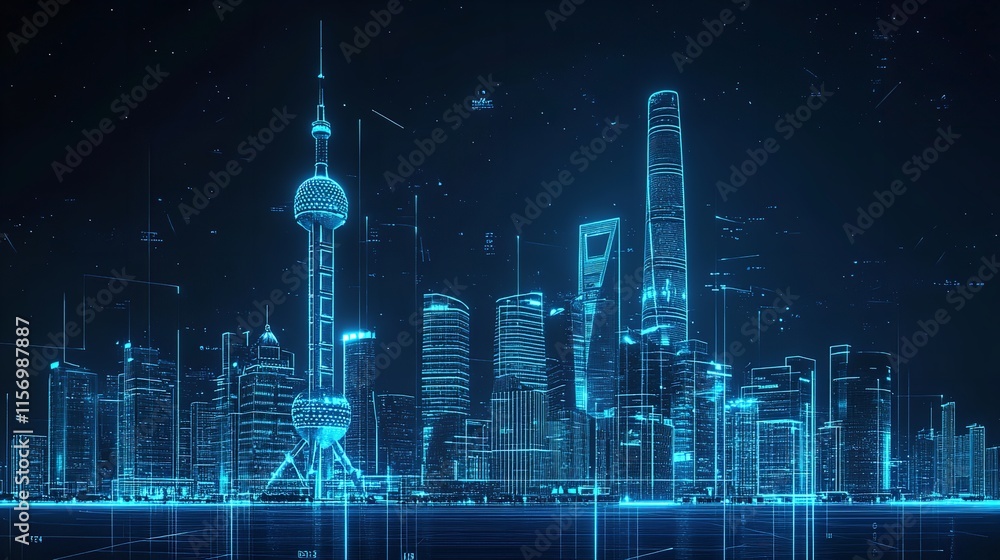 Shanghai City with Glowing Blue Lines and Holographic Buildings
Shanghai City with Glowing Blue Lines and Holographic Buildings
