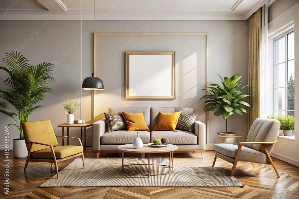 Fototapeta premium Modern Living Room Interior Design: Blank Wall Frame, Sofa, Chair & Coffee Table Stock Photo