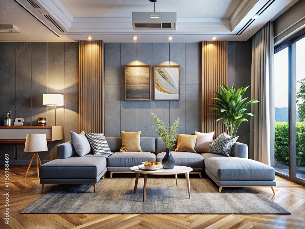 Fototapeta premium Modern Living Room Interior Design with Wall-Mounted Air Conditioner