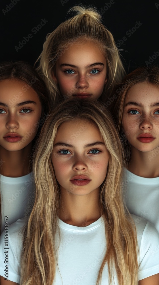 Obraz premium Four women, closely resembling each other in features and expressions, stand in a group wearing white shirts, presenting a theme of unity and individuality together.
