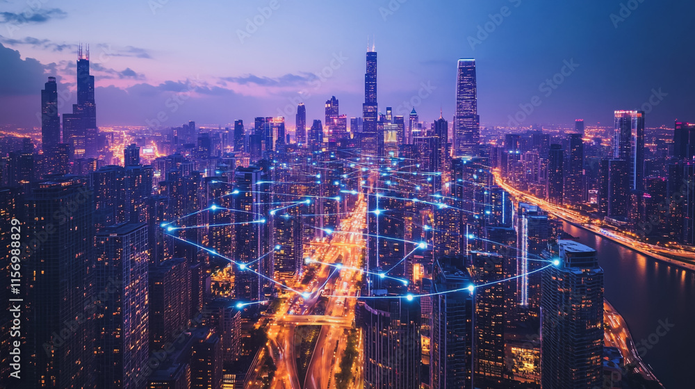 Fototapeta premium Smart digital Innovation city with connection network reciprocity over the cityscape. of future smart wireless digital city and social media networking systems that connects people with in city