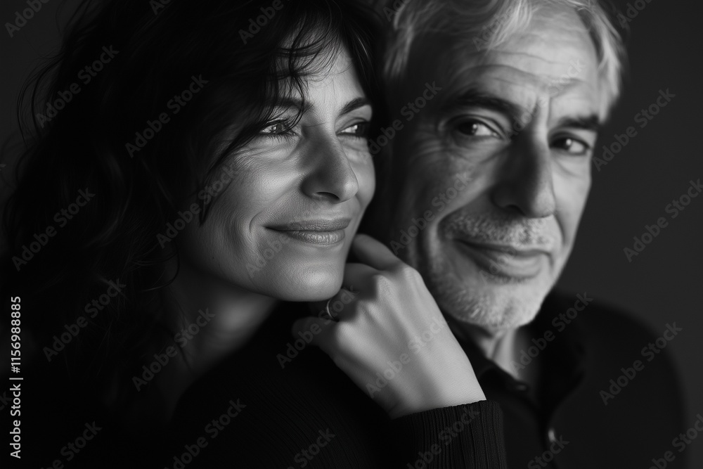 A woman in her late thirties with dark hair and olive skin, smiling softly as she touches the face of an older man who is slightly out of focus behind her, wearing a black slip dress A woman in her late thirties with dark hair and olive skin, smiling softly as she touches the face of an older man who is slightly out of focus behind her, wearing a black slip dress