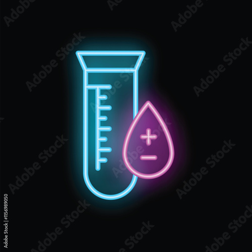 Glowing neon icon of a laboratory test tube with a blood sample showing positive result, on a black background