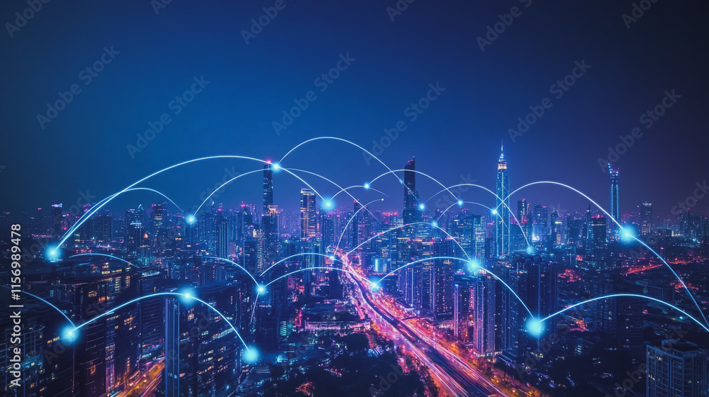 Fototapeta premium Smart digital Innovation city with connection network reciprocity over the cityscape. of future smart wireless digital city and social media networking systems that connects people with in city